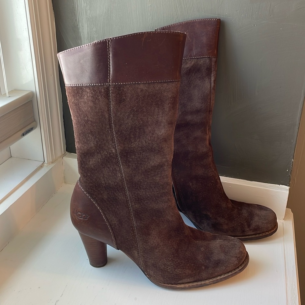 UGG Stella Mid Calf Leather and Suede Heeled Boot